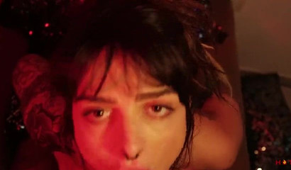 Tattooed teen with nose ring giving sensual blowjob POV style