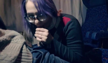 Hot girl with glasses sucks stranger's big dick in a train