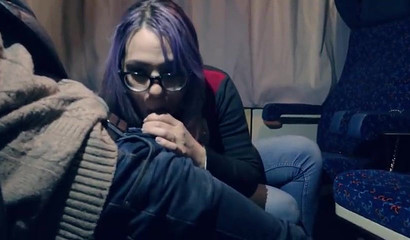 Hot girl with glasses sucks stranger's big dick in a train