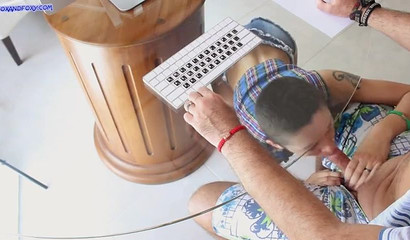 Skinny bald girl gives nasty blowjob under table