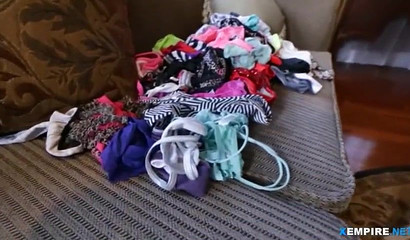 Slender slut with big fake tits strips and gives fellatio