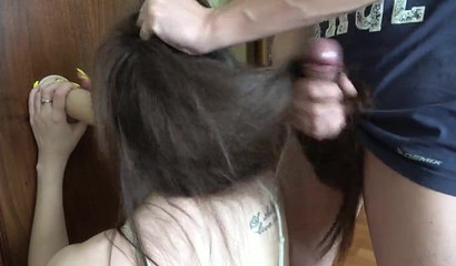 Russian bitch has two sticks to play with