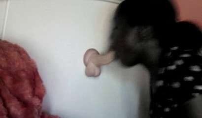 Black beauty blowing a white toy attached to the wall