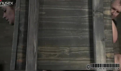 Brunette slave girl gets her face toyed while suspended in a box