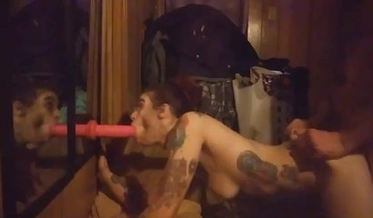 Stunning wife sucks a dildo while hubby drills her twat