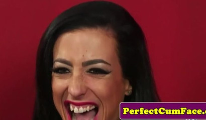 British hottie in fishnet stockings masturbates & blows a cock