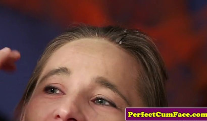 British lady on her knees getting her face jizzed