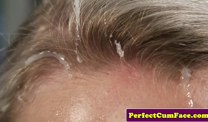 Officer with huge melons receives a load on her face