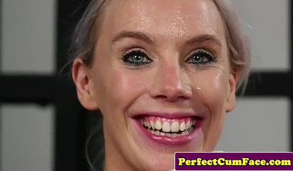 Officer with huge melons receives a load on her face