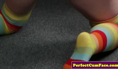 Pretty teen Satine Spark on her knees receiving a monster facial