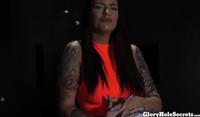 Inked stripper sucks rock-hard dicks & eats cum at the gloryhole