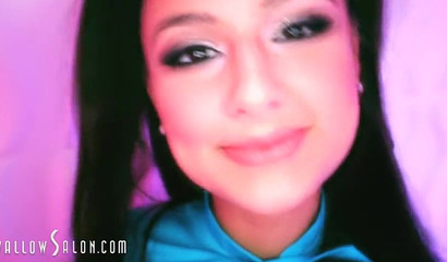 Skinny brunette with pigtails Eliza Ibarra in a deepthroating action