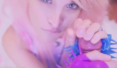 Sexy pink-haired babe gently sucks a huge dick