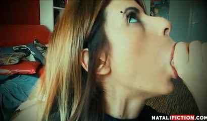 Lusty girl takes a cumload in her mouth during oral sex action