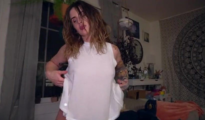 Baby girl serves a sensual striptease and sucks cock