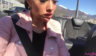 Adventurous blonde cutie deepthroating a big cock in the car
