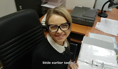 Nerdy blonde cutie sucking off her boss in the office