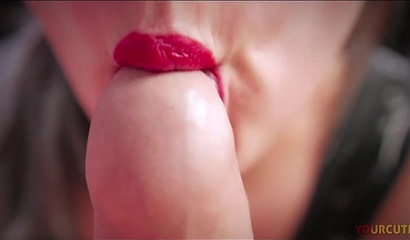 MILF with sexy red lipstick gives incredible head up close