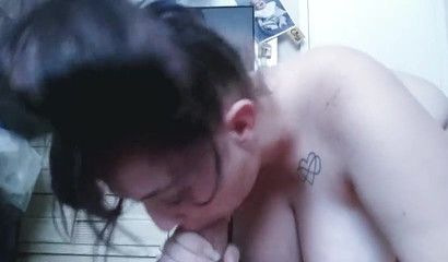 Beautiful brunette with big tits gives him an outstanding blowjob