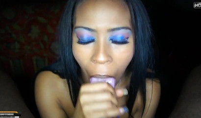 Ebony prostitute ends up with spunk in her mouth while blowing a BBC