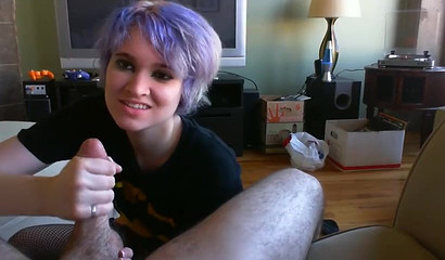 Purple-haired teen Mars Mayhem sucks & massages a dick