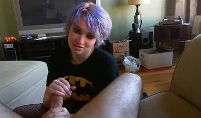 Purple-haired teen Mars Mayhem sucks & massages a dick