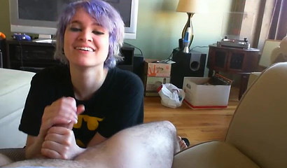 Purple-haired teen Mars Mayhem sucks & massages a dick