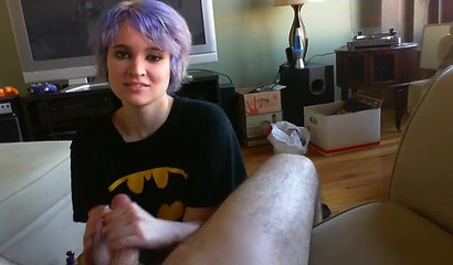 Purple-haired teen Mars Mayhem sucks & massages a dick