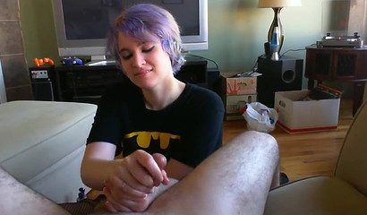 Purple-haired teen Mars Mayhem sucks & massages a dick