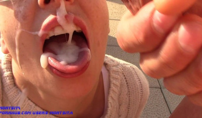 MILF takes a massive cumload in her mouth during outdoor BJ action