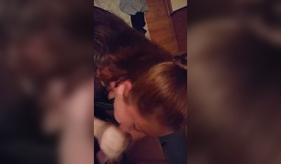 Redhead has a fat one to suck and swallow with desire